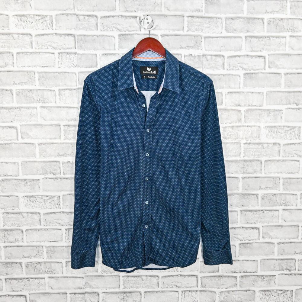 Butter Cloth Men's Button up Shirt Blue dot print size Large Reg fit